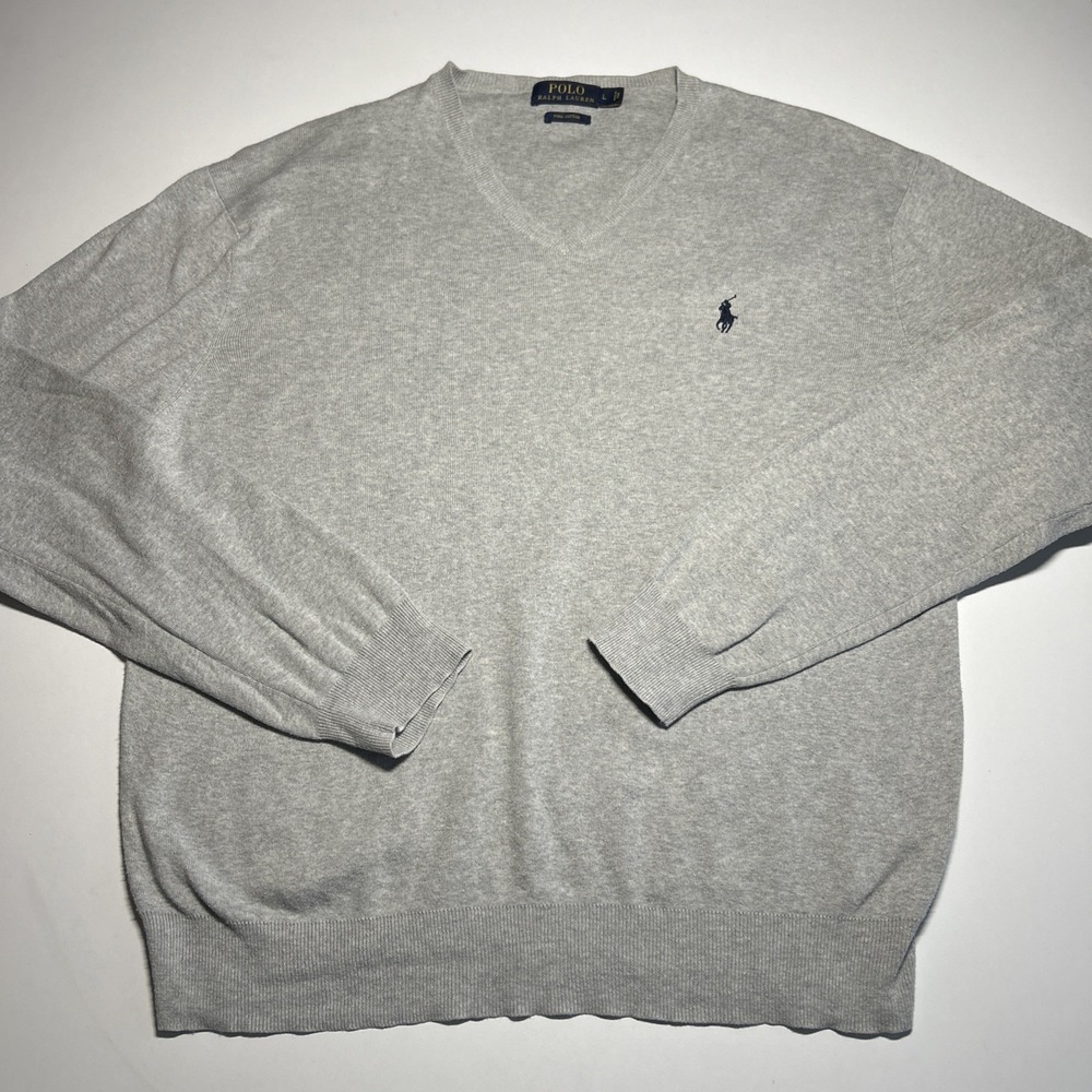 Polo Ralph Lauren Sweater Mens Large Gray Pima Cotton Pony Logo Easy Wear V Neck